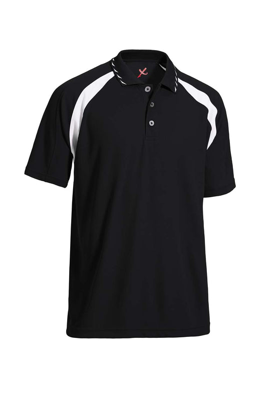 A male model wearing the men's Oxymesh Par Polo in the color black, made out of 100% polyester, showing the relaxed fit from a front view. This shirt is breathable, wicks away moisture, quick-dries, and is imported for a better deal on bulk wholesale apparel. #black