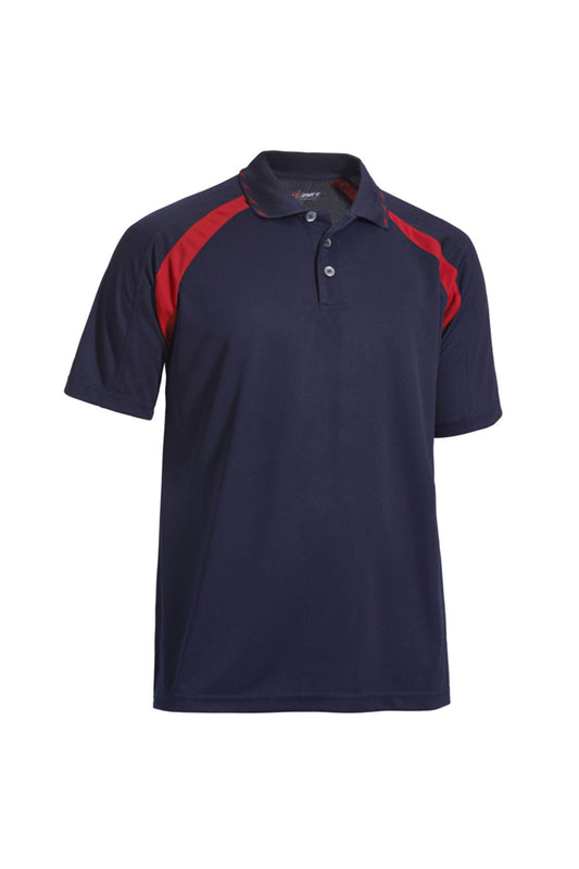 The men's Oxymesh Par Polo in the color navy blue, made out of 100% polyester, showing the relaxed fit from a front view. This shirt is breathable, wicks away moisture, quick-dries, and is imported for a better deal on bulk wholesale apparel. #navy-blue