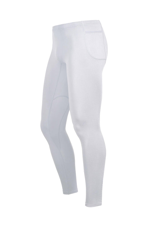 Ghost image on a white background of the men's running tights in the color white from a front side angle view. These stretchy running tights can be worn independently or as a base layer under shorts. #white