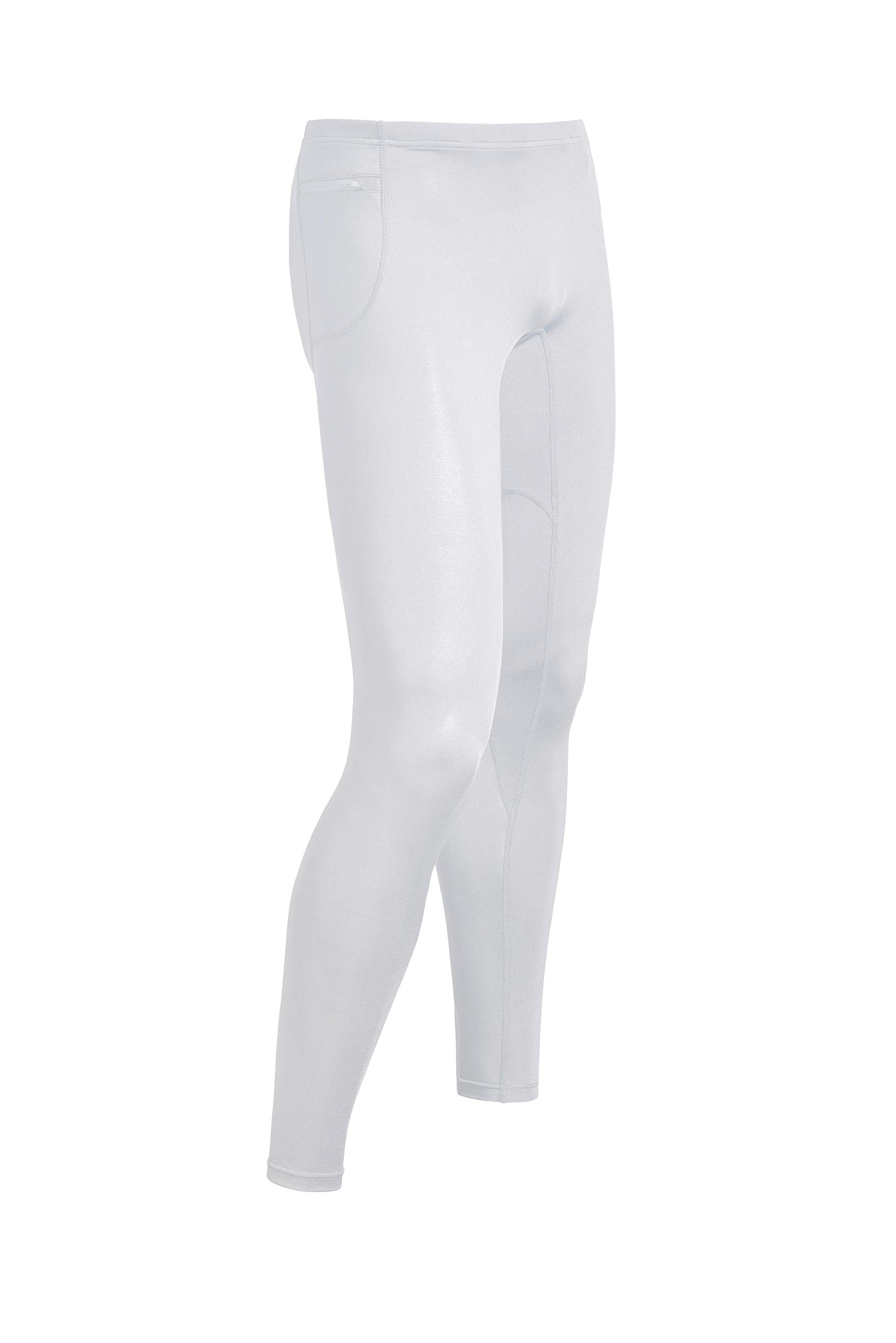 Ghost image on a white background of the men's running tights in the color white from a front right angle view. These stretchy running tights can be worn independently or as a base layer under shorts. #white