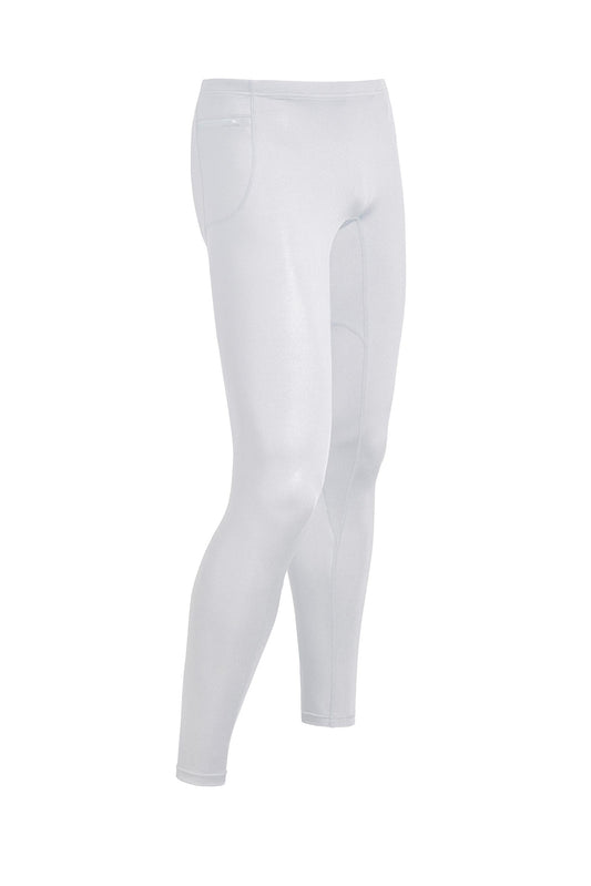 Ghost image on a white background of the men's running tights in the color white from a front right angle view. These stretchy running tights can be worn independently or as a base layer under shorts. #white