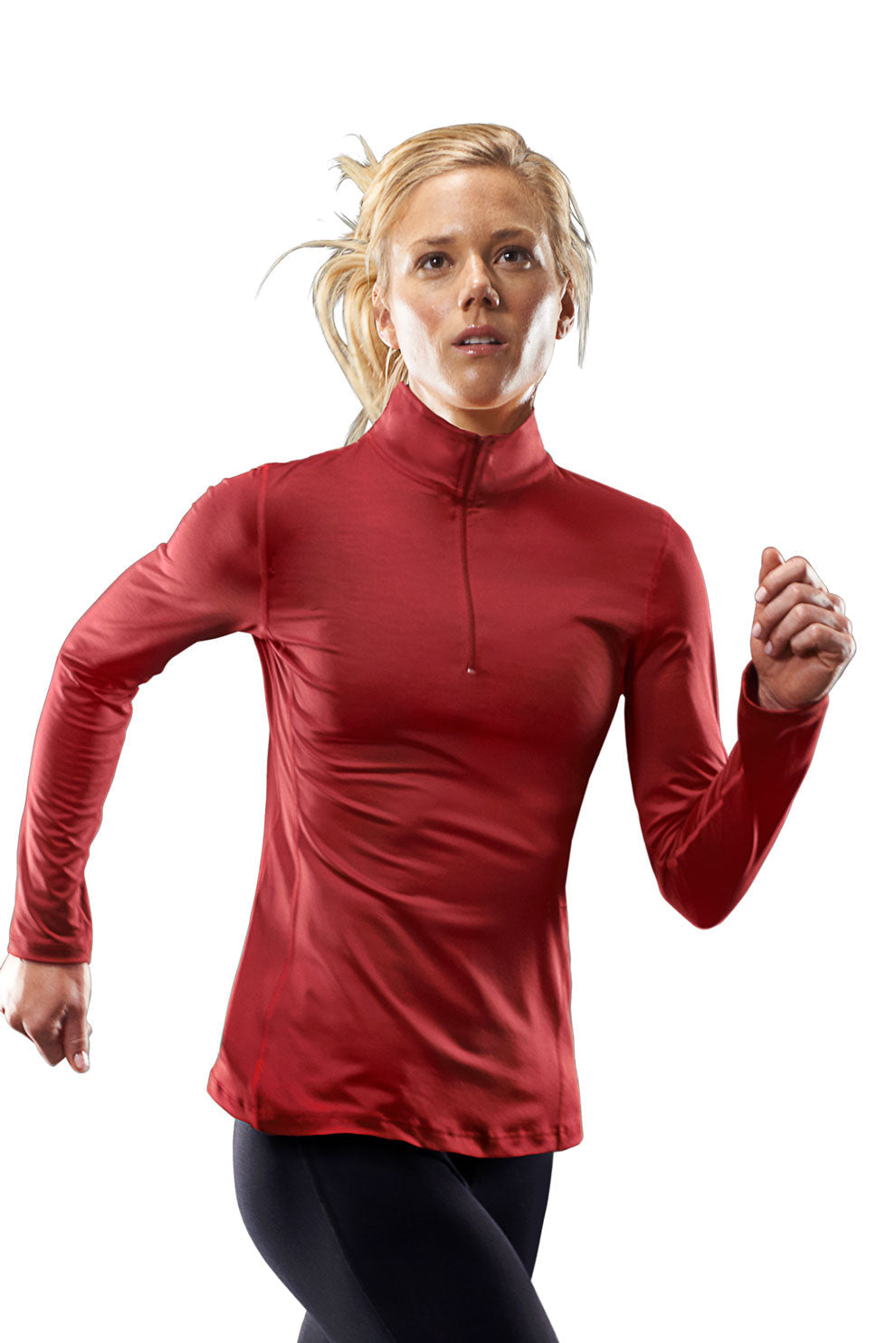 Woman model with blonde hair wearing the 1/4 Zip Pullover Training Top in the color crimson on a white background. This Training top is moisture-wicking and made in the USA #crimson