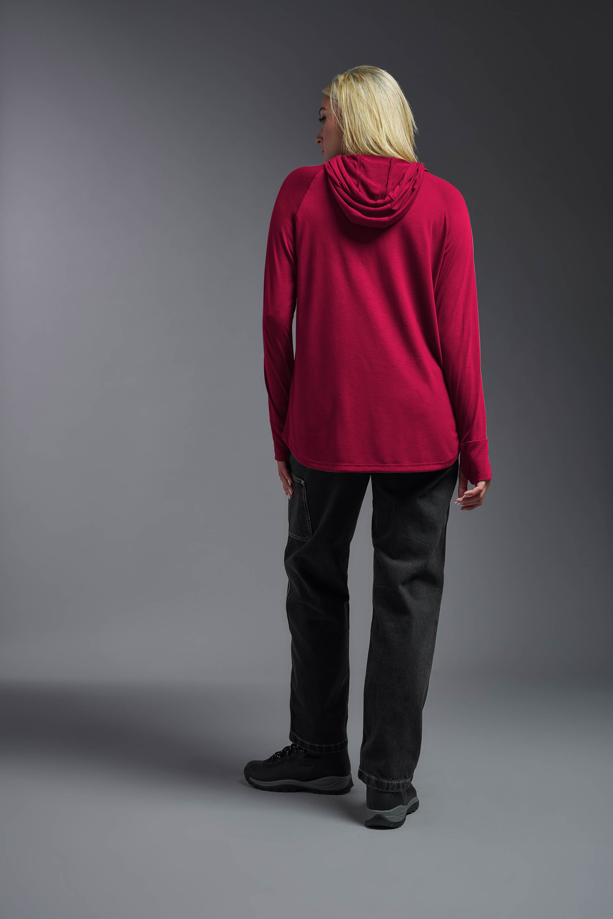 scarlet, made out of 100% filament polyester, showing the relaxed fit from a back view. This long sleeve hoodie shirt is breathable, quick-drying, moisture-wicking, and made in the USA. #scarlet