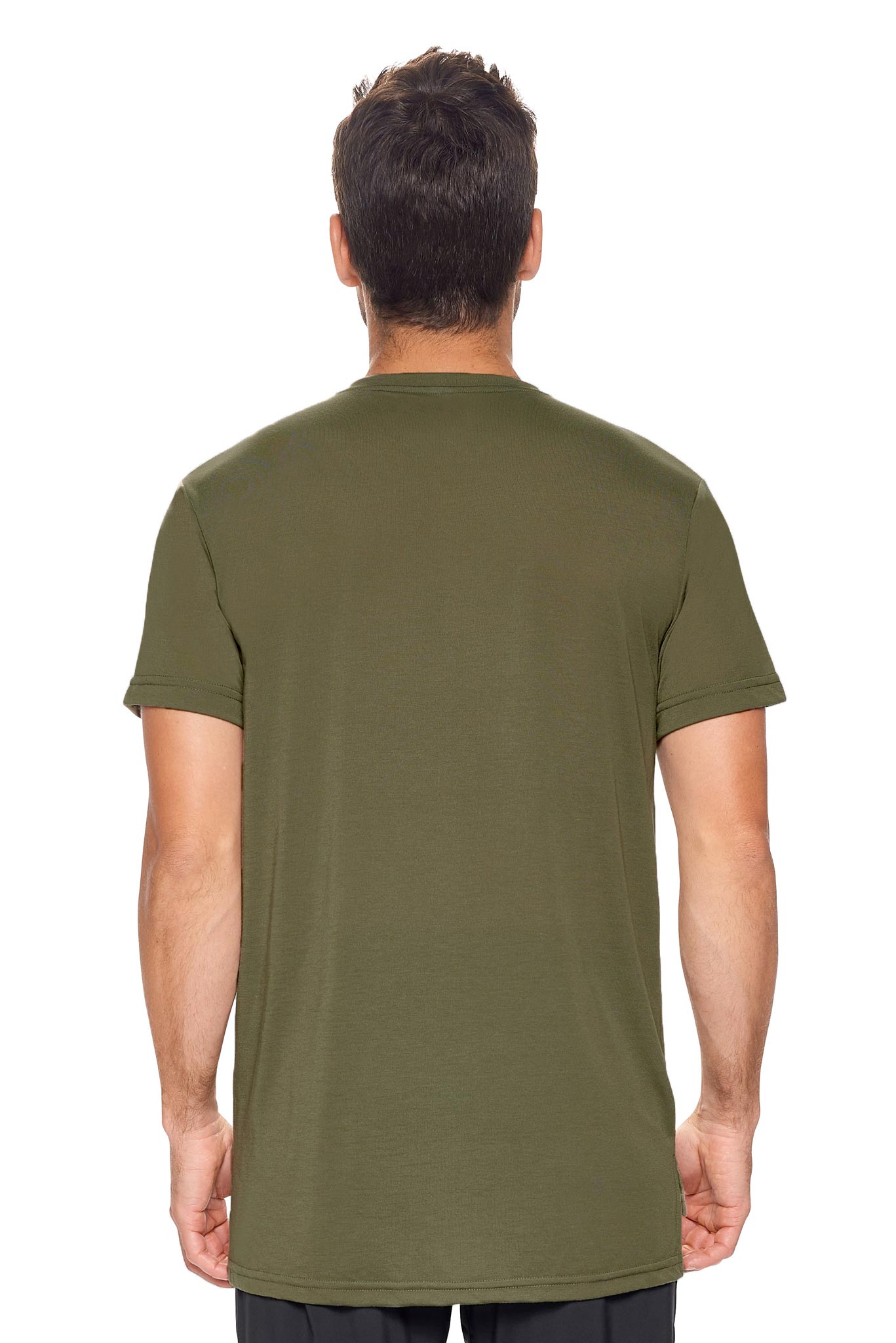 A male model with brown hair on a white background wearing the men's Siro™ Drop Tail Henley in the color olive, made out of 100% polyester, showing the relaxed fit from a back view. This 3-button shirt features snag-free filament technology, is super soft, breathable, quick-drying, moisture-wicking, and made in the USA. #olive