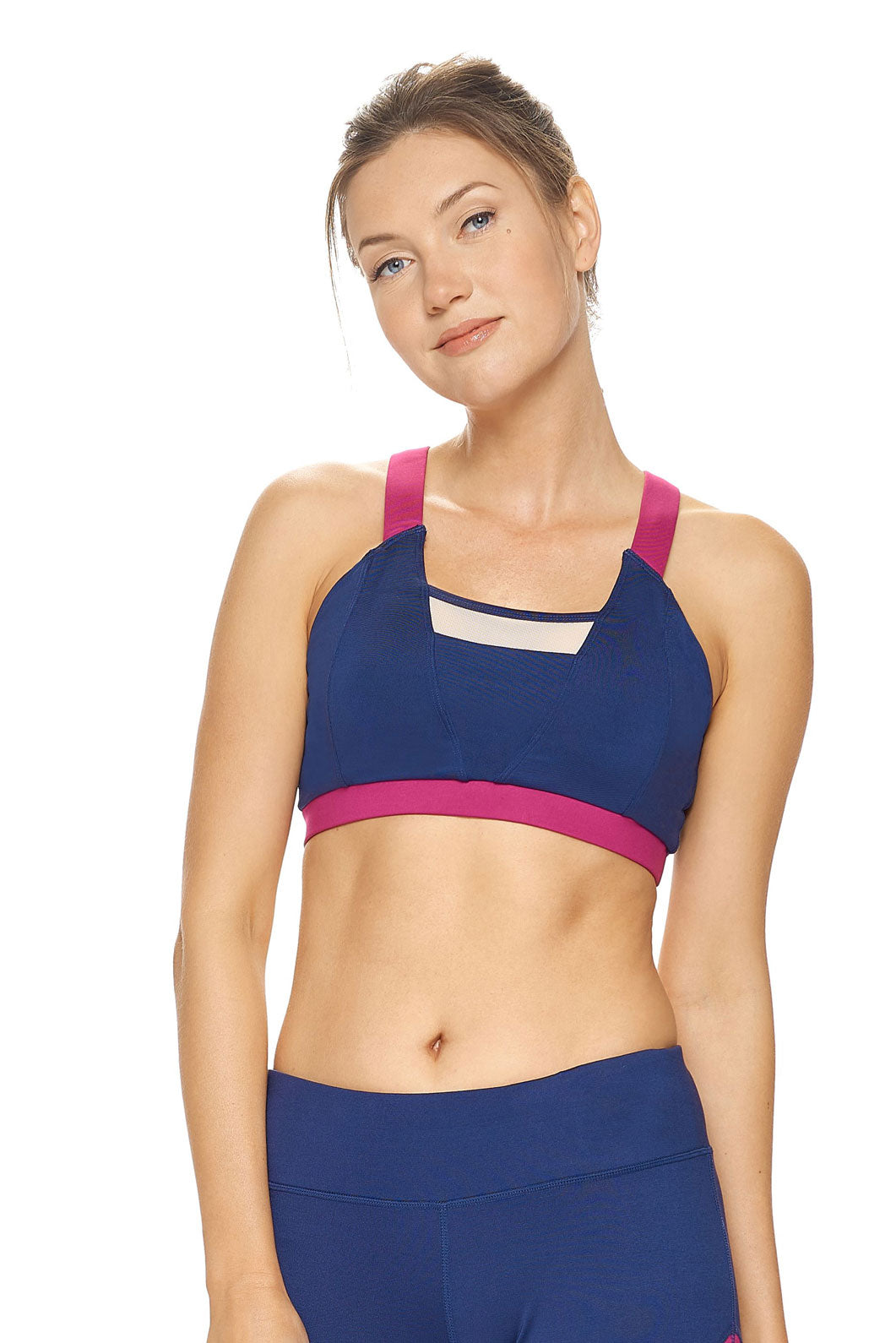 Expert Brand Wholesale Women's Airstretch Calypso Mesh Sports Bra in Navy Orchid#navy-orchid