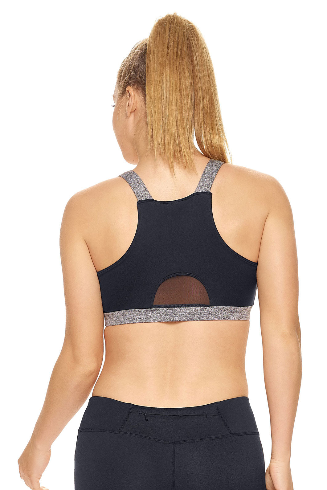 Expert Brand Wholesale Women's Airstretch Calypso Mesh Sports Bra in Black Charcoal Image 3#black-heather-charcoal