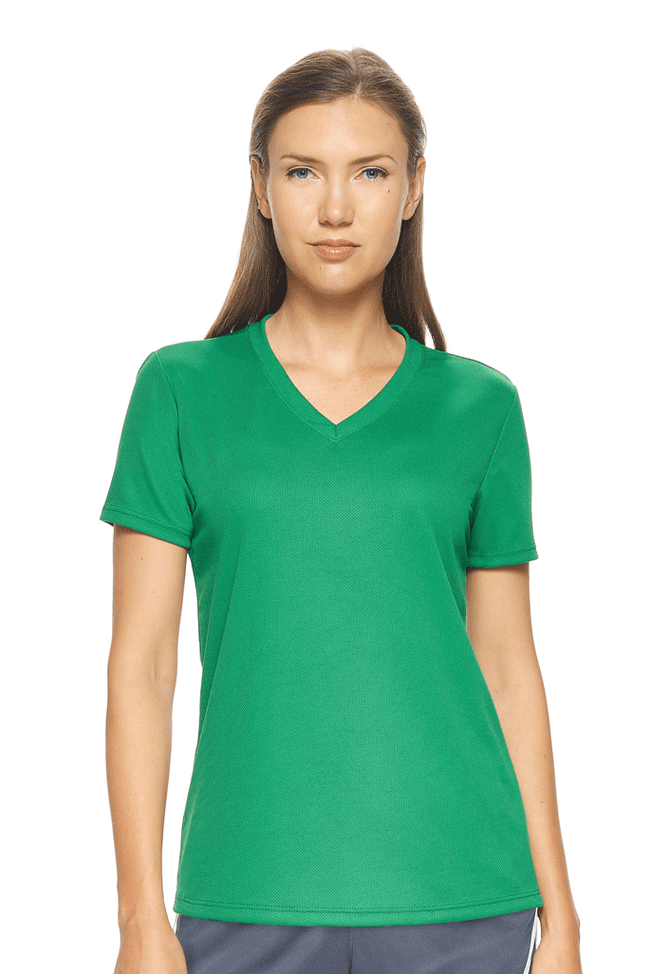 Expert Brand Wholesale Made in USA Women's Oxymesh V-Neck Tec Tee Fitness Shirt in Kelly Green#kelly-green