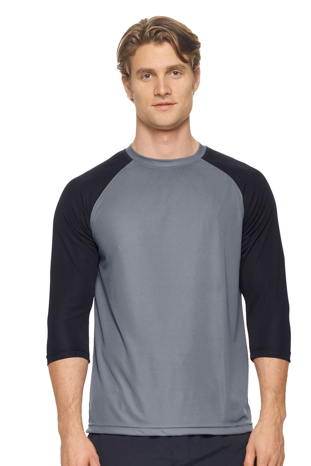 Expert Brand Wholesale en's DriMax Three Quarter Sleeve Raglan Color Block Crewneck Performance Shirt Made in USA AI927 Steel Black#steel-black