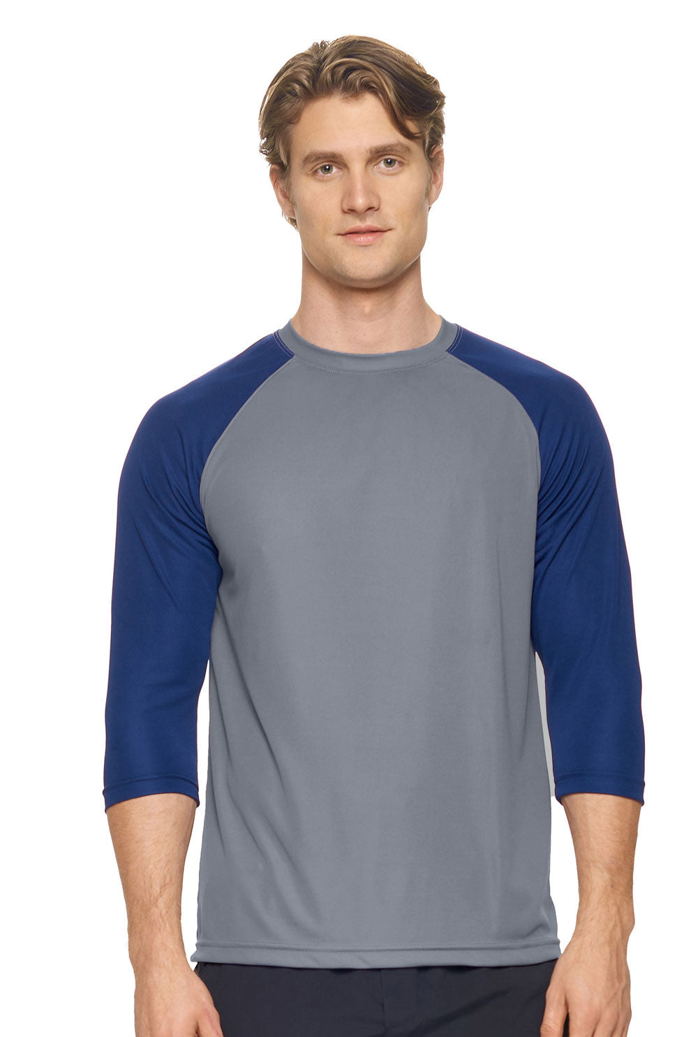 Expert Brand Wholesale en's DriMax Three Quarter Sleeve Raglan Color Block Crewneck Performance Shirt Made in USA AI927 Steel Navy#steel-navy