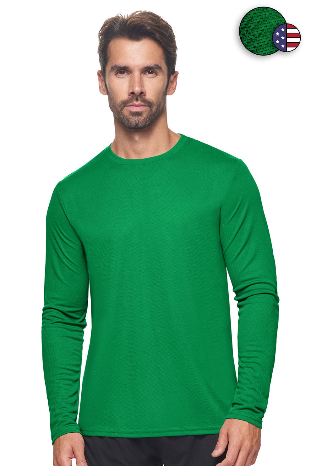 Expert Brand Wholesale Men's Oxymesh Performance Long Sleeve Tec Tee Made in USA AJ901D Kelly Green#kelly-green