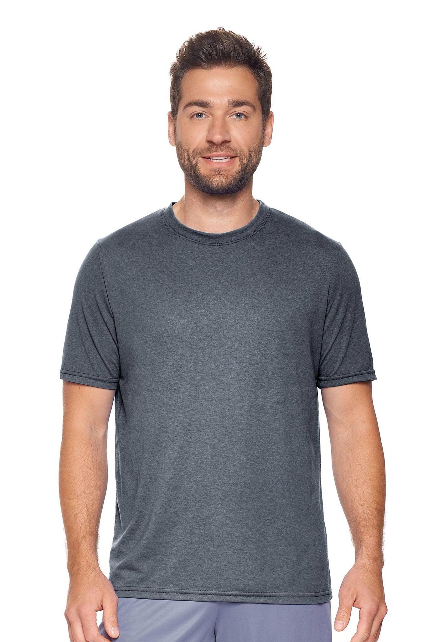 Expert Brand Wholesale Men's Unisex Performance Heather Crewneck Tee in Dark Heather Charcoal Made in USA#dark-heather-charcoal