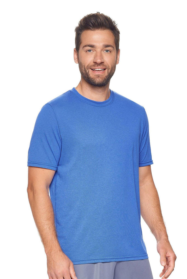 Expert Brand Wholesale Men's Unisex Performance Heather Crewneck Tee in Dark Heather Royal Made in USA#dark-heather-royal