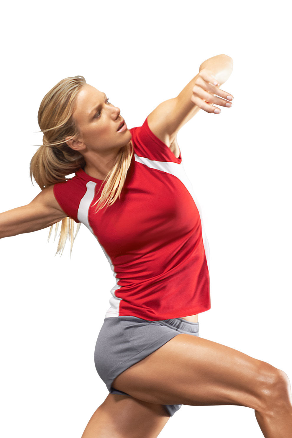 A female model wearing the women's Oxymesh™ Performance Raglan Colorblock Referee Tee in Red #true-red