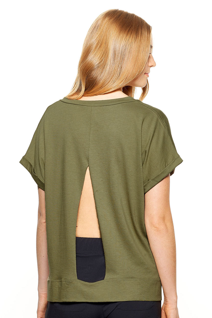 Expert Brand Wholesale Women's Hemp Organic Cotton Cuffed V-Neck Cutout Mid Crop Tee Made in USA HC278 aloe image 3#aloe