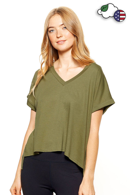 Expert Brand Wholesale Women's Hemp Organic Cotton Cuffed V-Neck Cutout Mid Crop Tee Made in USA HC278 aloe#aloe
