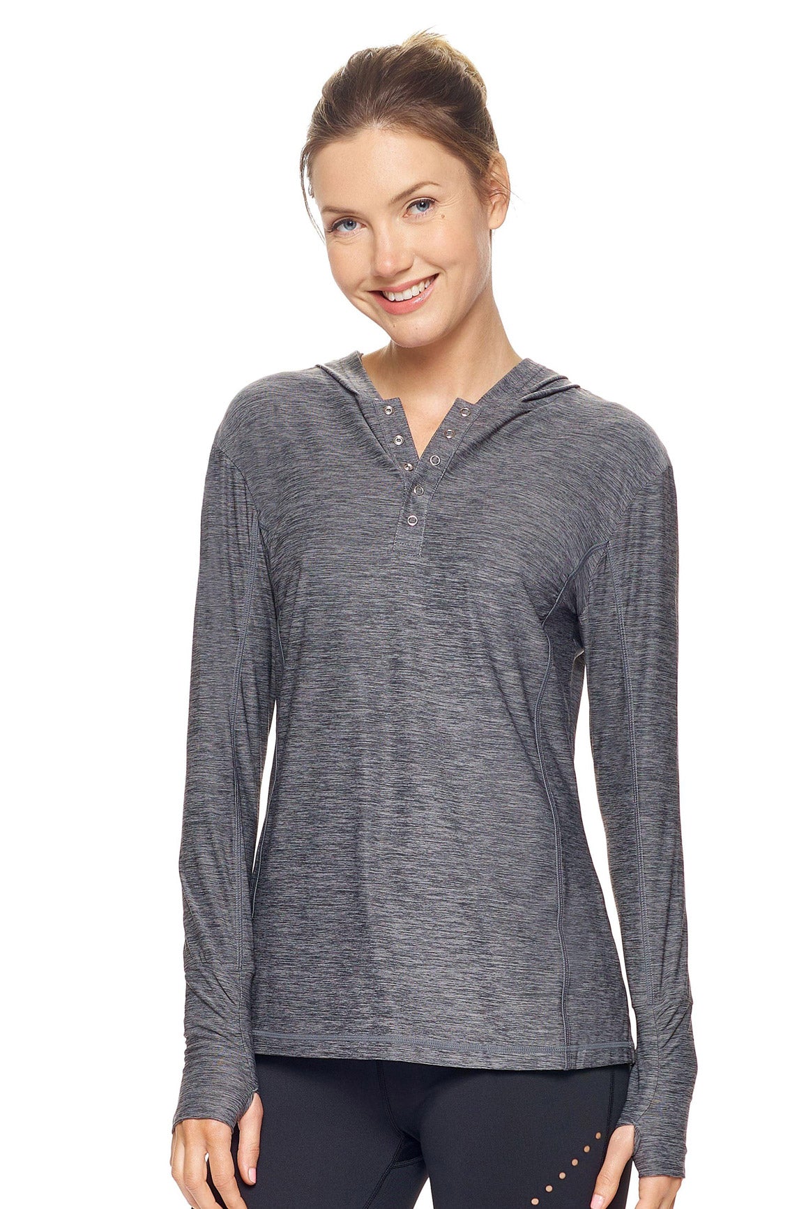 Expert Brand Wholesale Women's Hoodie Airstretch™ Lite Henley in Gray Black Heather#gray-black