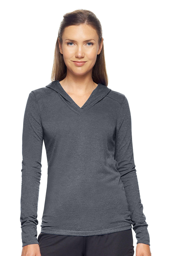 Expert Brand Wholesale Women's Hoodie Shirt Performance in Dark Heather Charcoal#dark-heather-charcoal