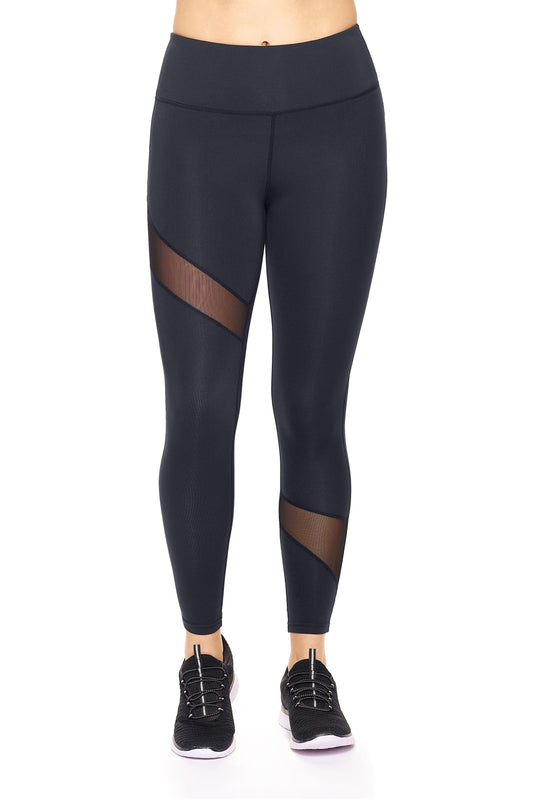 Expert Brand Wholesale Women's Leggings High Waisted Asymmetric Mesh Panel Insets in Black#black