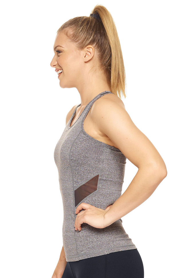 Expert Brand Wholesale Women's Mesh Panel Racerback Tank Airstretch Heather charcoal image 2#heather-charcoal