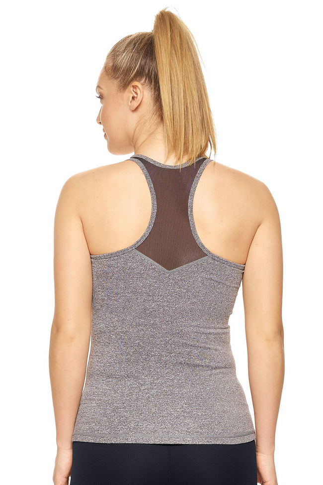 Expert Brand Wholesale Women's Mesh Panel Racerback Tank Airstretch Heather charcoal image 3#heather-charcoal
