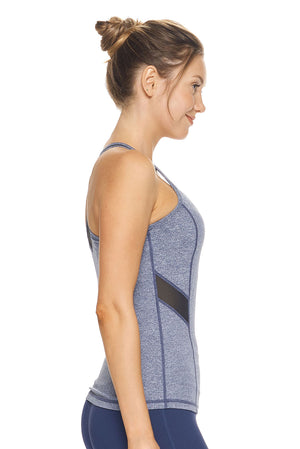 Expert Brand Wholesale Women's Mesh Panel Racerback Tank Airstretch Heather Navy image 2#heather-navy