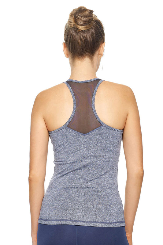 Expert Brand Wholesale Women's Mesh Panel Racerback Tank Airstretch Heather Navy image 3#heather-navy