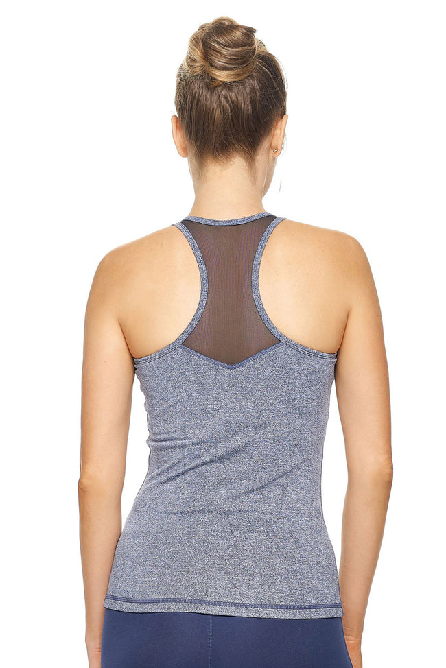 Expert Brand Wholesale Women's Mesh Panel Racerback Tank Airstretch Heather Navy image 3#heather-navy