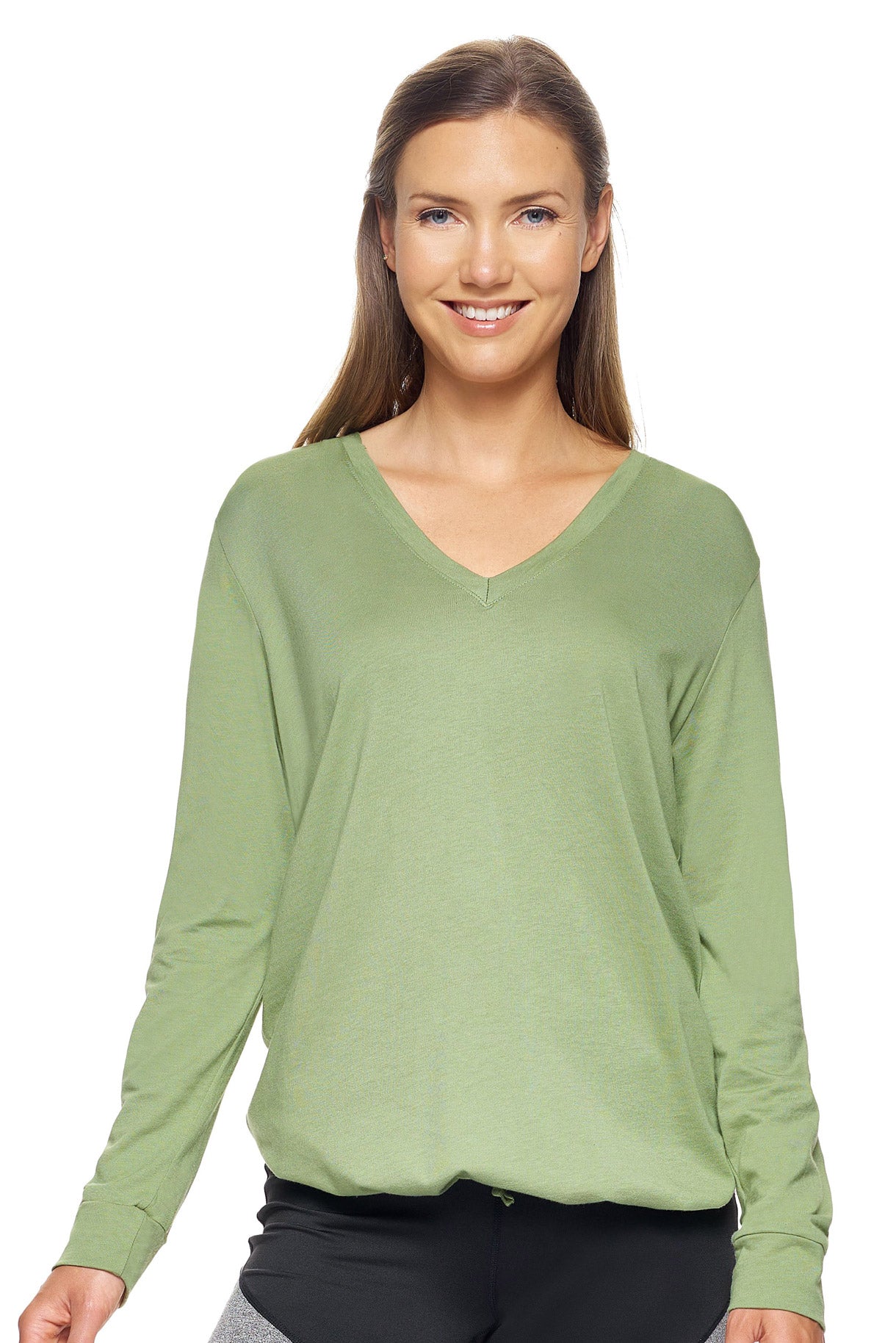 Expert Brand Wholesale Women's Hoodie Shirt V-Neck Lenzing Modal Made in USA in Meadow Green#meadow