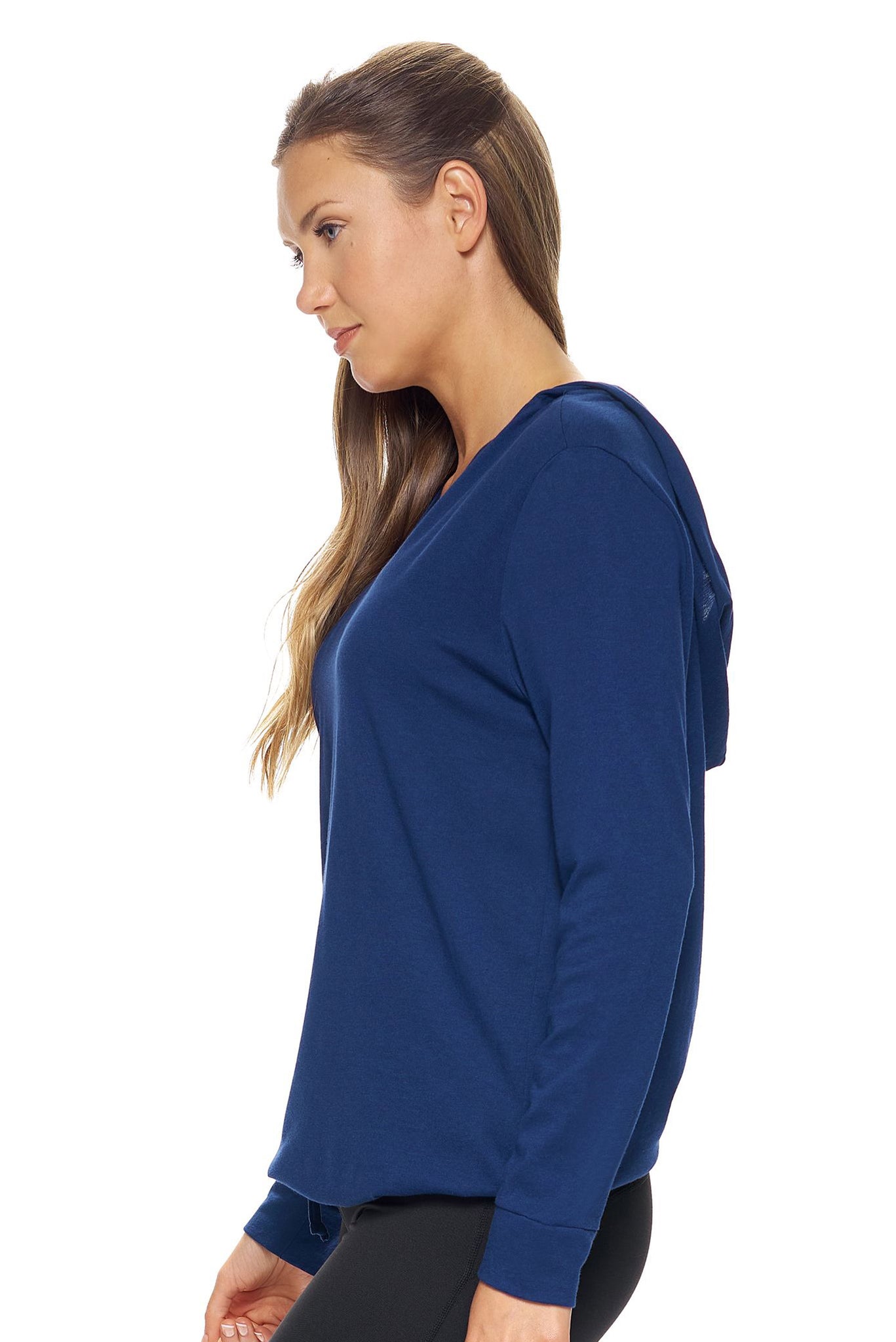 Expert Brand Wholesale Women's Hoodie Shirt V-Neck Lenzing Modal Made in USA in Navy Image 2#navy
