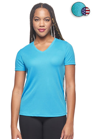 Expert Brand Wholesale Women's Oxymesh V-Neck Performance Tee Made in USA Turquoise#turquoise