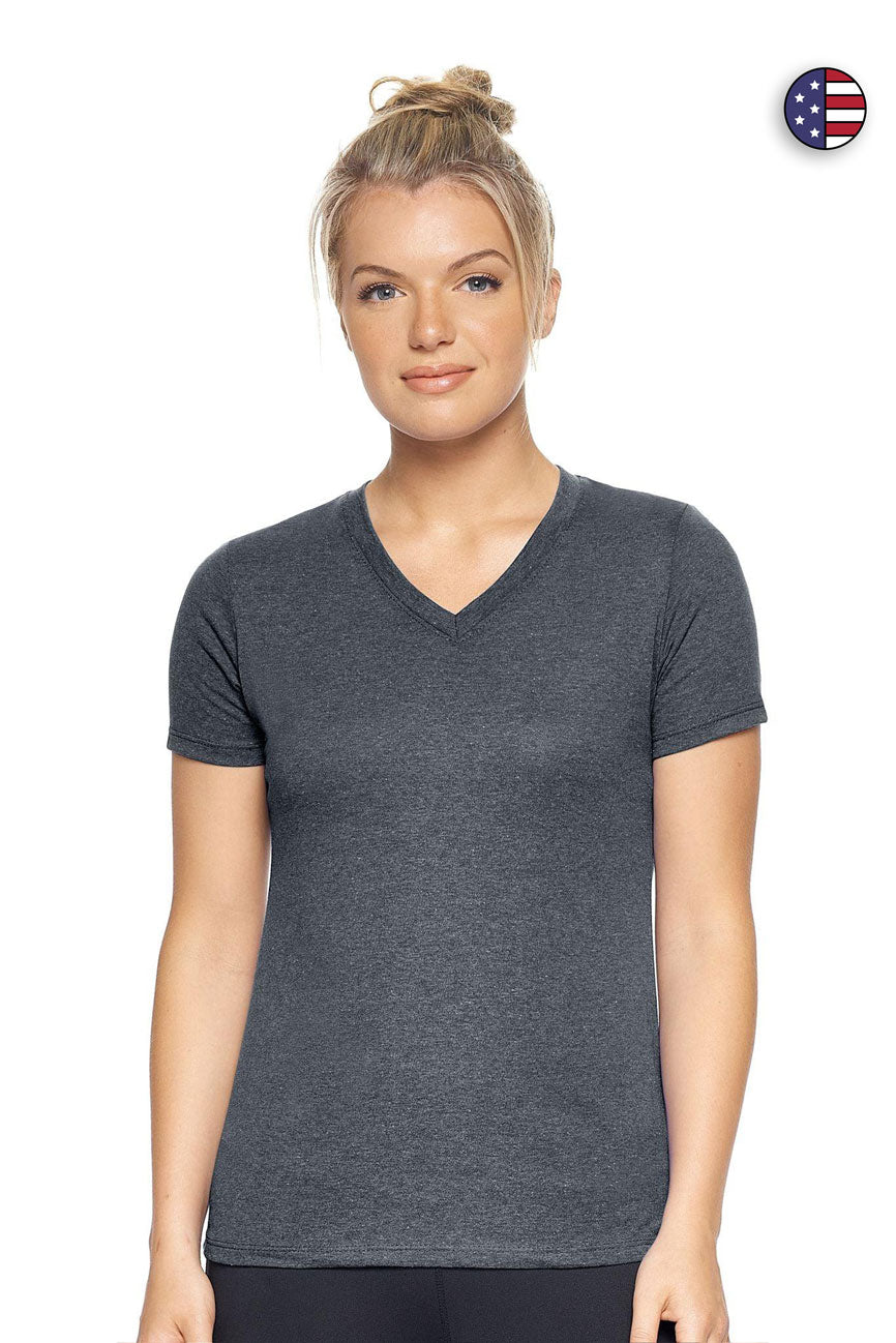 Expert Brand Wholesale Women's Performance Heather V-Neck Tee Shirt Made in USA AA202 Dark Heather Charcoal#dark-heather-charcoal