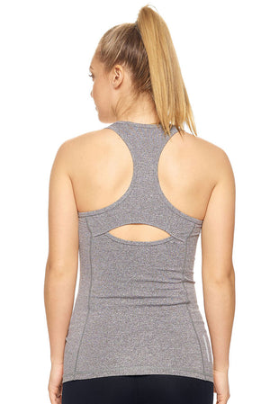 Expert Brand Wholesale Women's Racerback Eyelet Tank Airstretch Running Yoga in Heather charcoal image 3#heather-charcoal