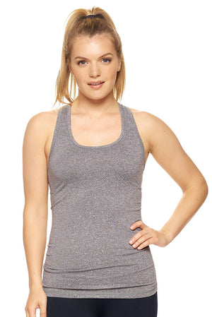 Expert Brand Wholesale Women's Racerback Eyelet Tank Airstretch Running Yoga in Heather charcoal#heather-charcoal