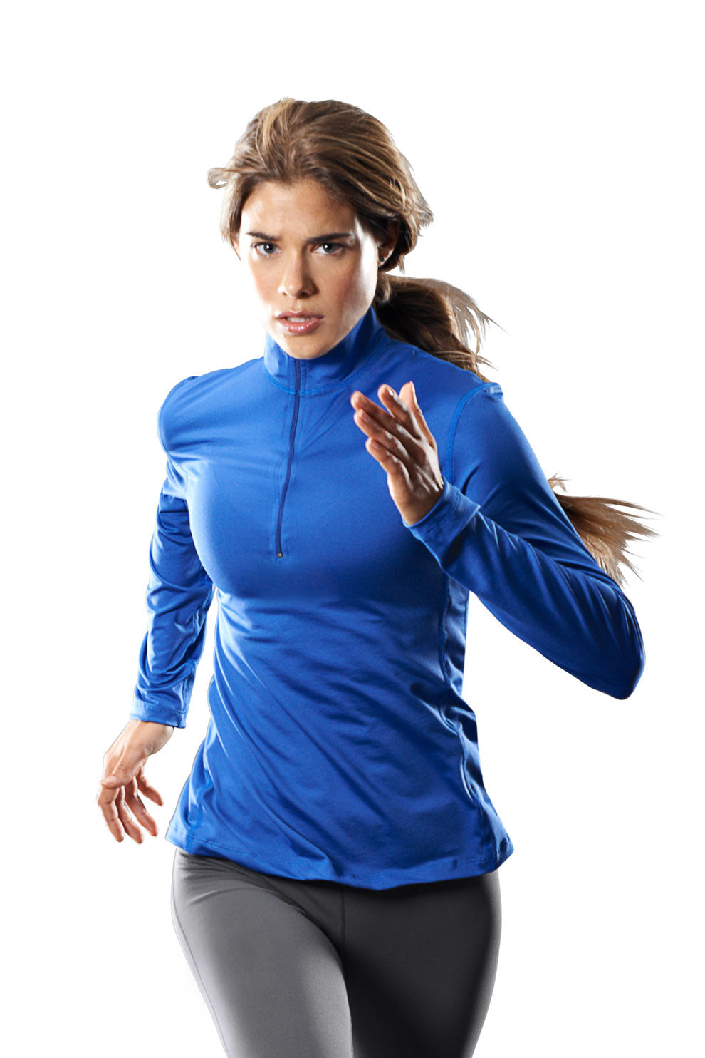 Woman model with brown hair wearing the 1/4 Zip Pullover Training Top in the color Cadet Blue on a white background. This Training top is moisture-wicking and made in the USA #cadet-blue
