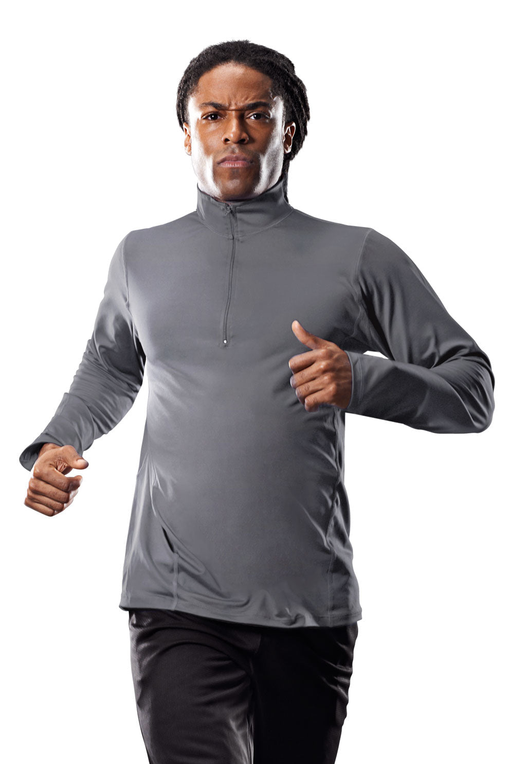Male Model wearing the Men's Quarter Zip Pullover Training top in the color charcoal #charcoal