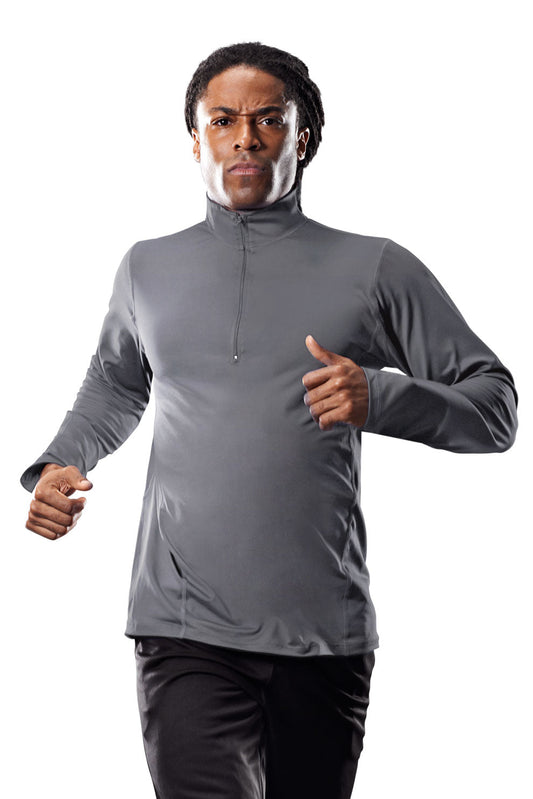 Male Model wearing the Men's Quarter Zip Pullover Training top in the color charcoal #charcoal