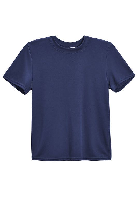 The youth DriMax Crewneck Expert Tee in the color navy, made out of 100% polyester, showing the relaxed fit from a front view. This shirt wicks sweat, quick-dries, and eliminates odors for up to 30 upf. Made in the USA. #navy
