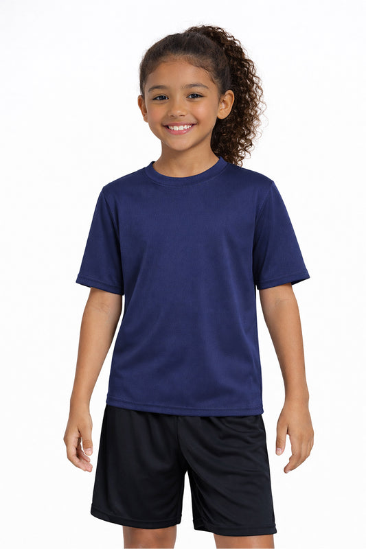 A youth model wearing the youth DriMax Crewneck Expert Tee in the color navy, made out of 100% polyester, showing the relaxed fit from a front view. This shirt wicks sweat, quick-dries, and eliminates odors for up to 30 upf. Made in the USA. #navy