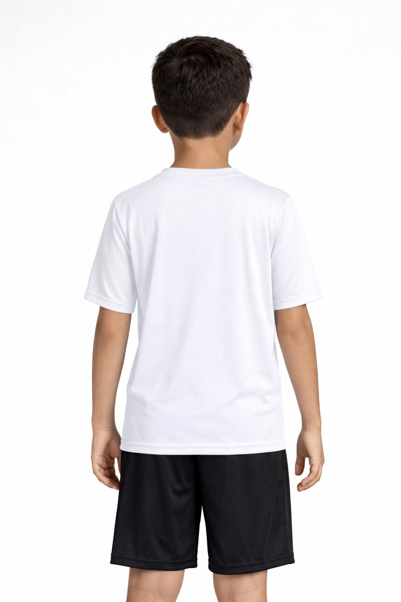 A youth model wearing the youth DriMax Crewneck Expert Tee in the color white made out of 100% polyester, showing the relaxed fit from a back view. This shirt wicks sweat, quick-dries, and eliminates odors for up to 30 UV protection. Made in the USA. #white