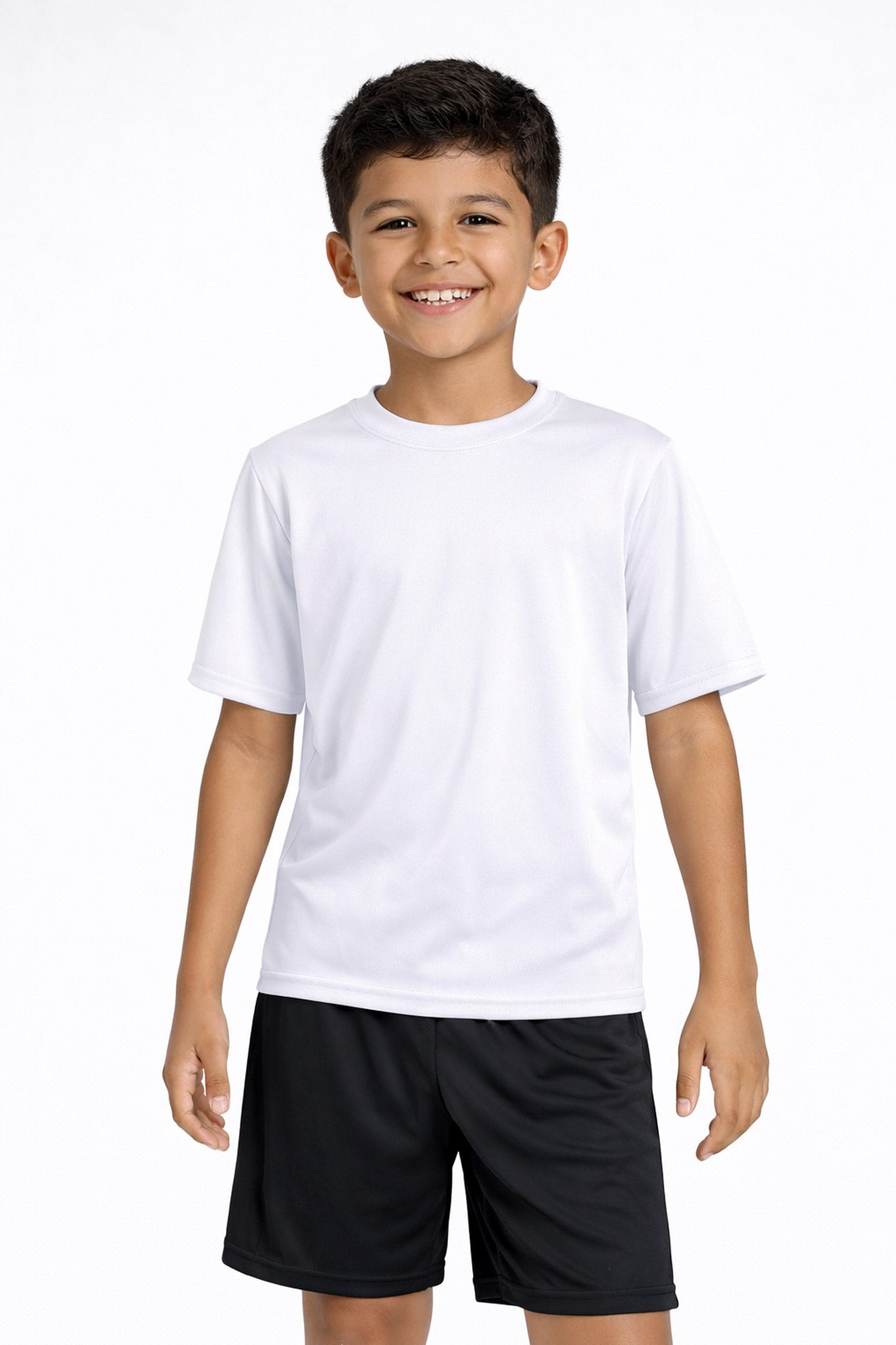 A youth model wearing the youth DriMax Crewneck Expert Tee in the color white made out of 100% polyester, showing the relaxed fit from a front view. This shirt wicks sweat, quick-dries, and eliminates odors for up to 30 UV protection. Made in the USA. #white