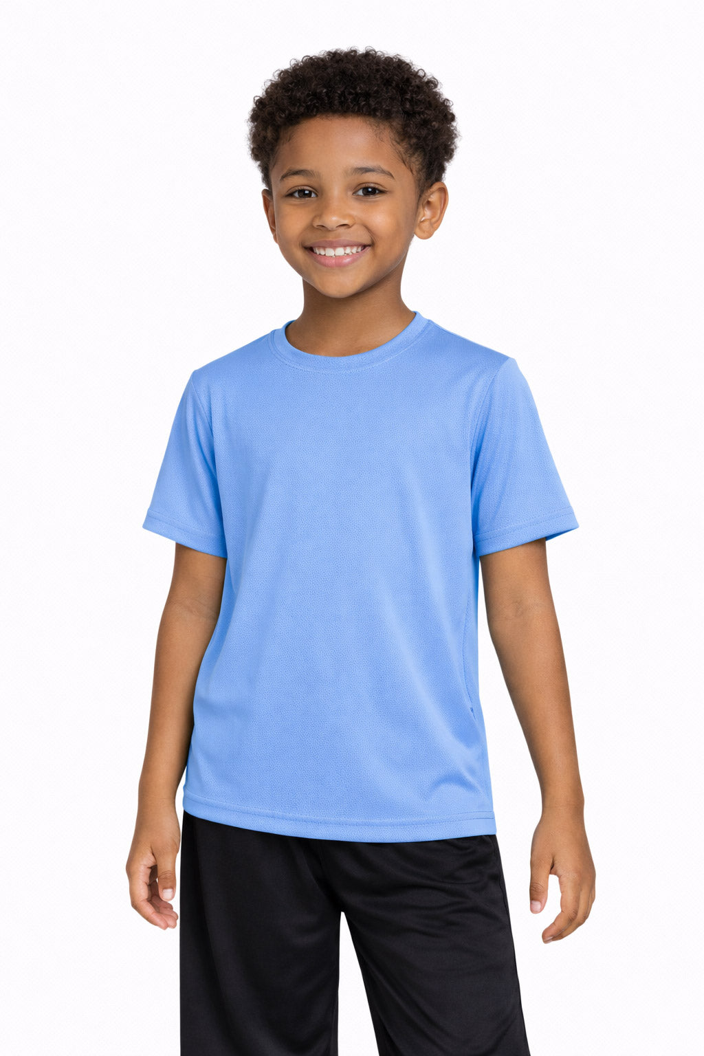 A youth model wearing the Oxymesh™ Crewneck Tech Tee in the color carolina blue, made out of 100% polyester, showing the relaxed fit from a front view. This shirt wicks sweat, quick-dries, and eliminates odors for up to 30 UV protection. Made in the USA. #carolina-blue