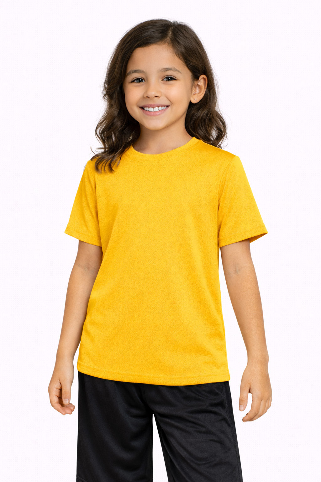 A youth model wearing the youth Oxymesh™ Crewneck Tech Tee in the color gold, made out of 100% polyester, showing the relaxed fit from a front view. This shirt wicks sweat, quick-dries, and eliminates odors for up to 30 UV protection. Made in the USA. #gold