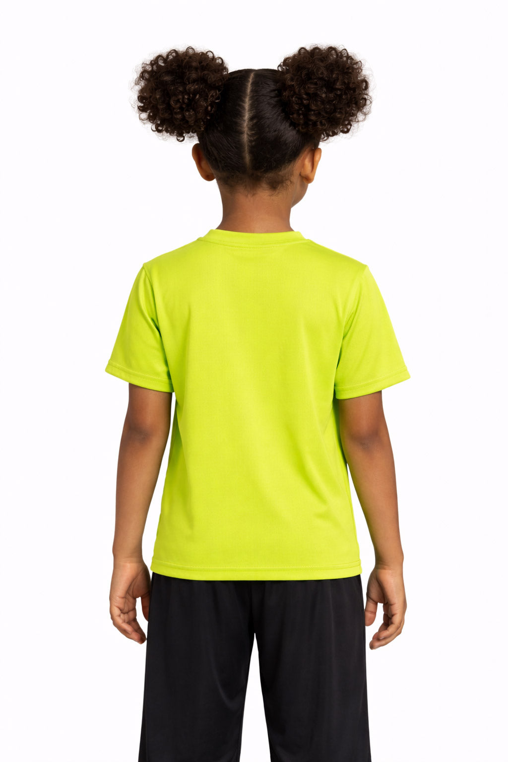 A youth model wearing the youth Oxymesh™ Crewneck Tech Tee in the color key lime green, made out of 100% polyester, showing the relaxed fit from a back view. This shirt wicks sweat, quick-dries, and eliminates odors for up to 30 UV protection. Made in the USA. #key-lime