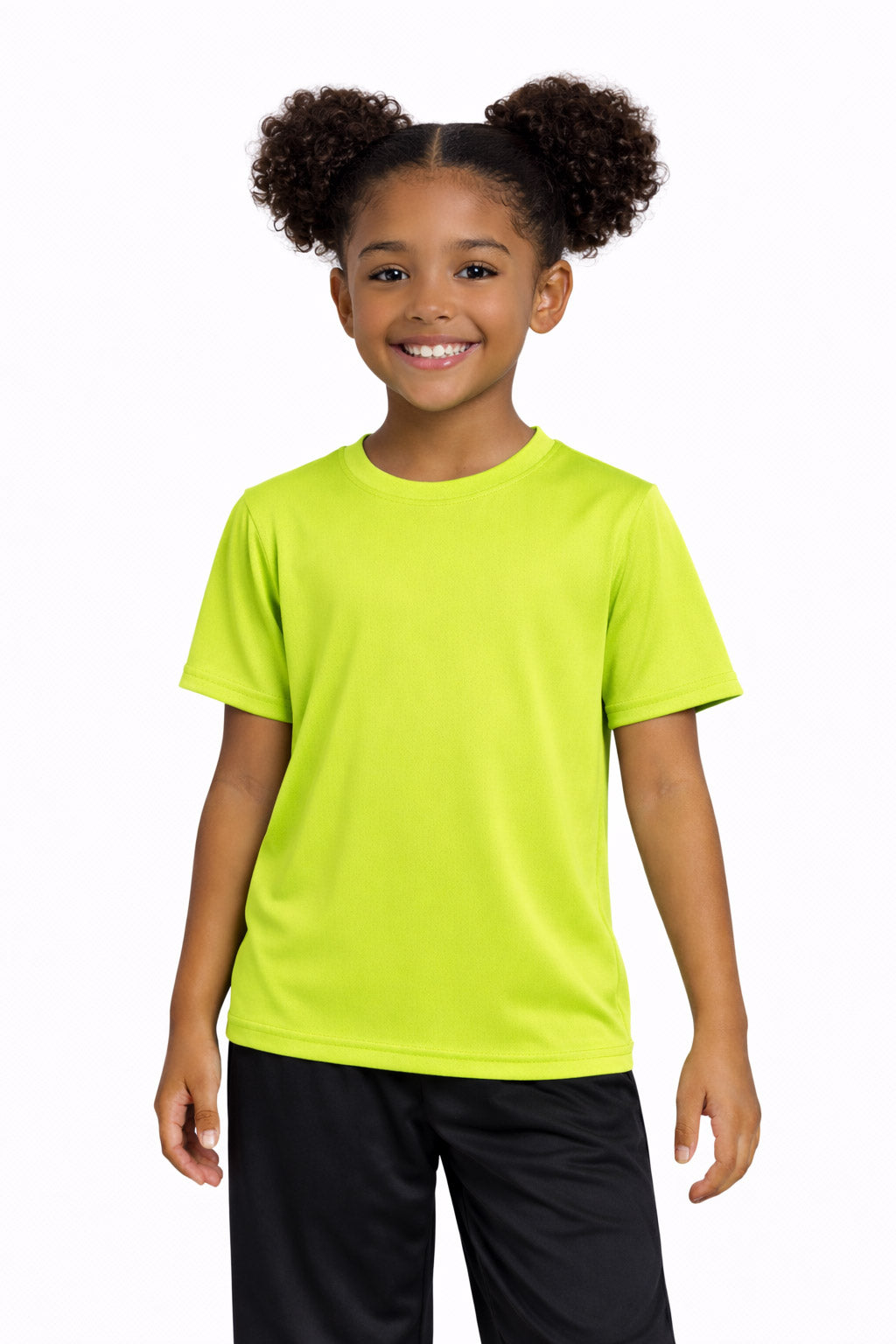 A youth model wearing the youth Oxymesh™ Crewneck Tech Tee in the color key lime green, made out of 100% polyester, showing the relaxed fit from a front view. This shirt wicks sweat, quick-dries, and eliminates odors for up to 30 UV protection. Made in the USA. #key-lime