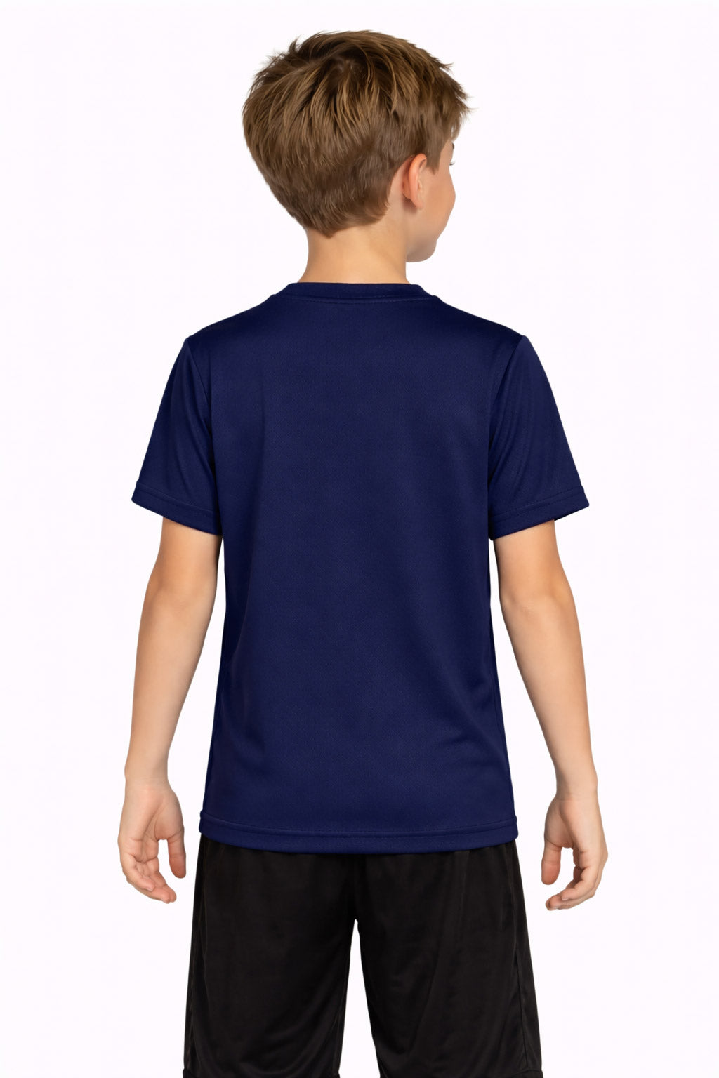 A youth model wearing the Oxymesh™ Crewneck Tech Tee in the color navy, made out of 100% polyester, showing the relaxed fit from a bacl view. This shirt wicks sweat, quick-dries, and eliminates odors for up to 30 UV protection. Made in the USA. #navy