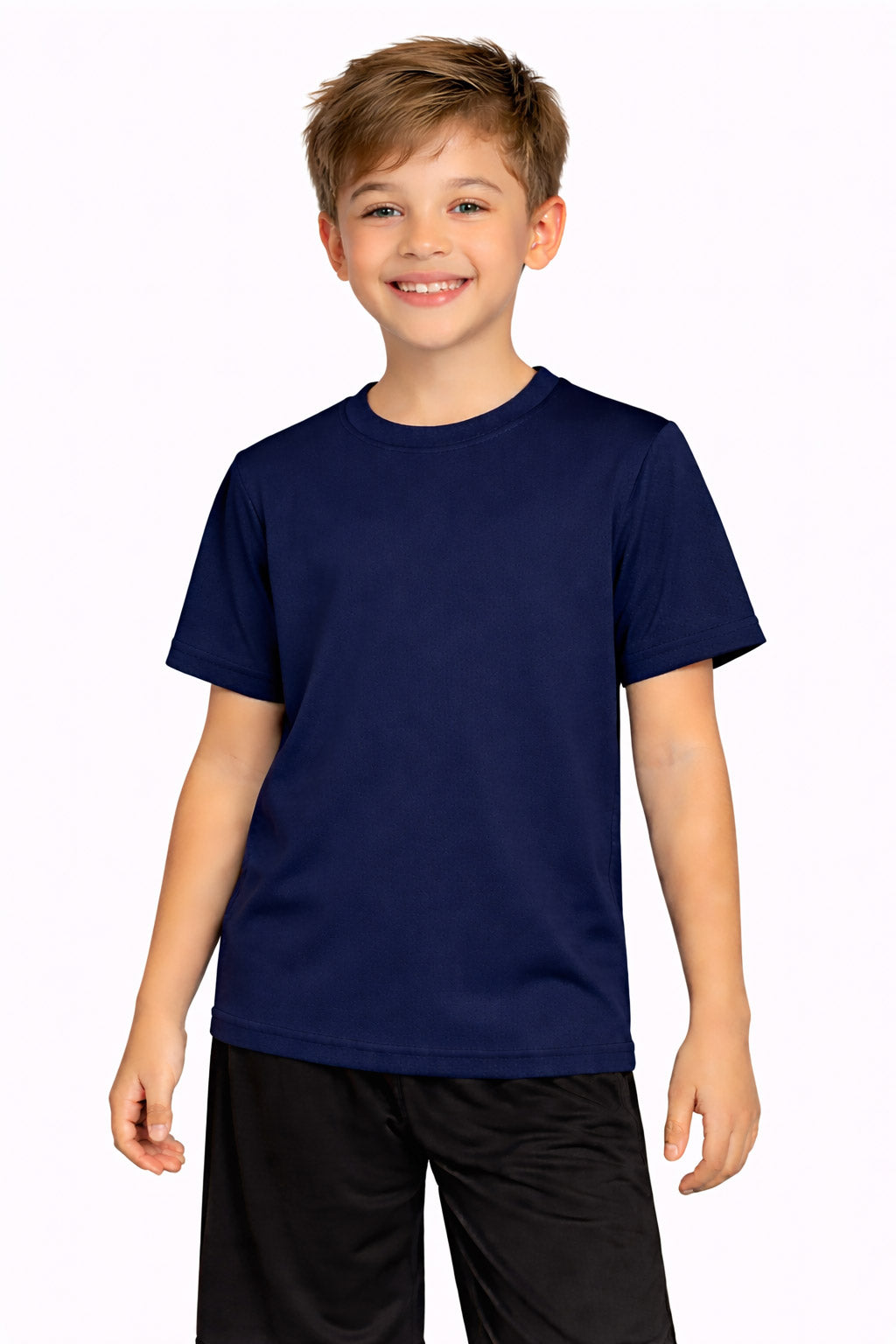 A youth model wearing the Oxymesh™ Crewneck Tech Tee in the color navy, made out of 100% polyester, showing the relaxed fit from a front view. This shirt wicks sweat, quick-dries, and eliminates odors for up to 30 UV protection. Made in the USA. #navy