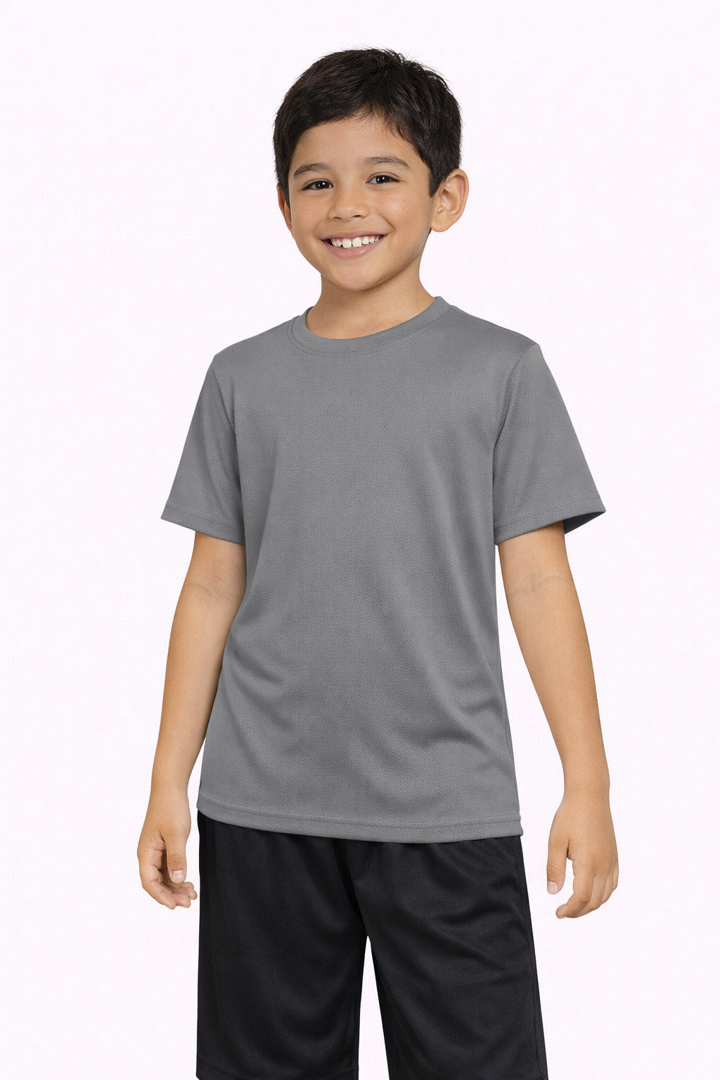 A youth model wearing the Oxymesh™ Crewneck Tech Tee in the color steel gray, made out of 100% polyester, showing the relaxed fit from a front view. This shirt wicks sweat, quick-dries, and eliminates odors for up to 30 UV protection. Made in the USA. #steel-gray