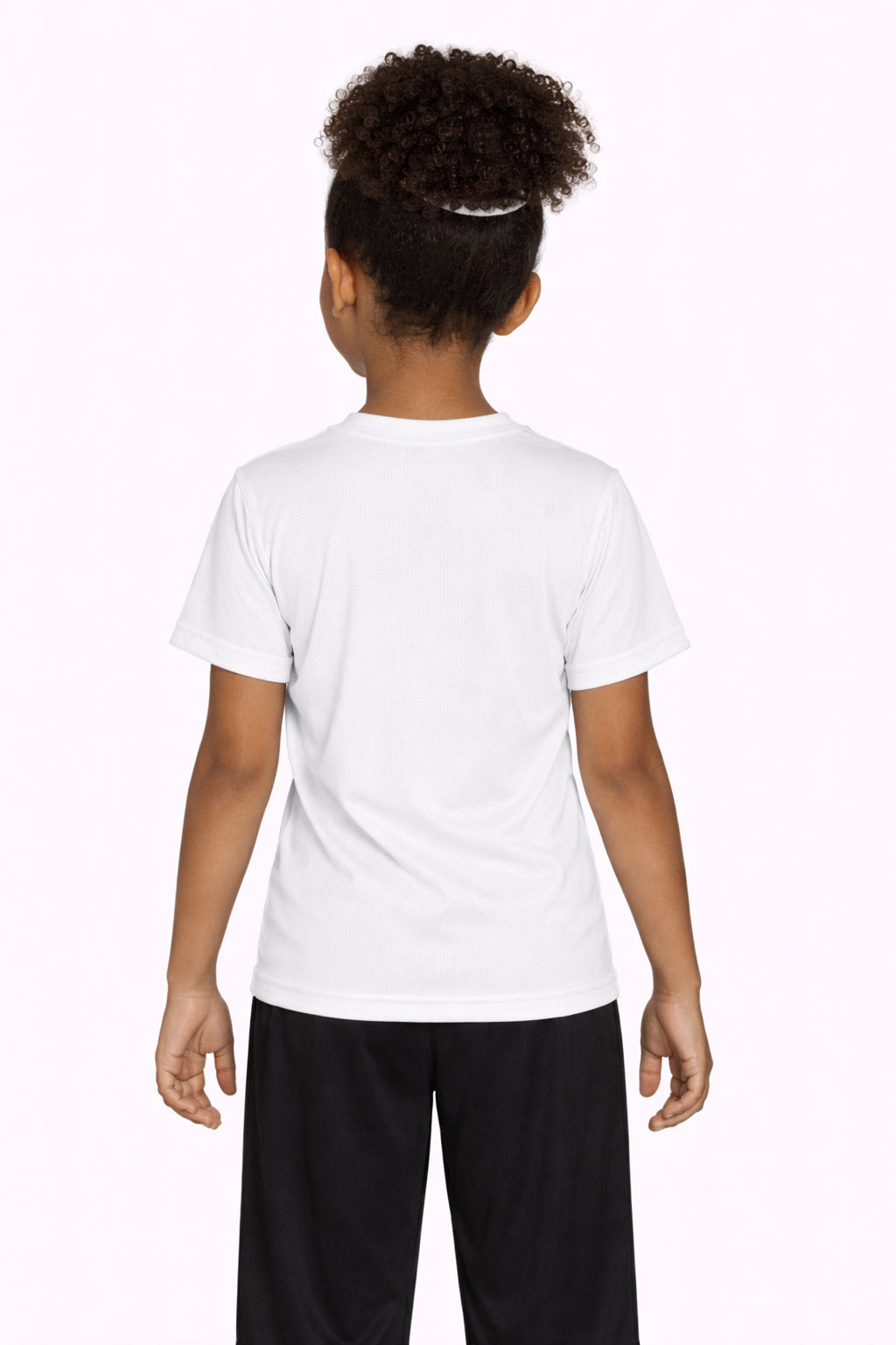A youth model wearing the Oxymesh™ Crewneck Tech Tee in the color white, made out of 100% polyester, showing the relaxed fit from a back view. This shirt wicks sweat, quick-dries, and eliminates odors for up to 30 UV protection. Made in the USA. #white