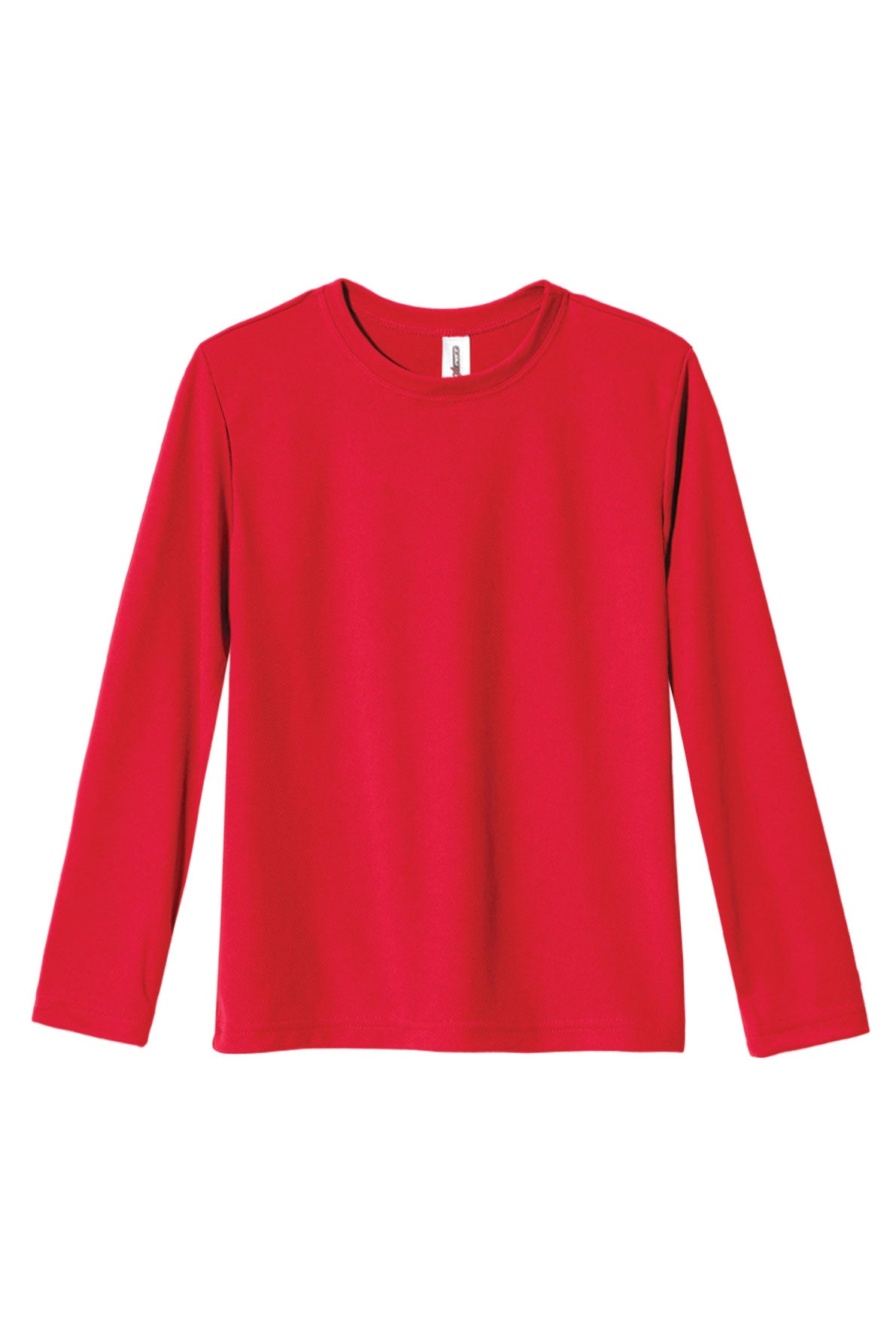 The youth oxymesh long sleeve tech tee in the color true red on a white background. This shirt is moisture-wicking, quick-drying, and made in the USA for screen-printing and bulk orders. #true-red