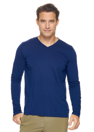 Expert Brand Wholesale Men's MoCA™ V-Neck Long Sleeve Tee in Navy#navy